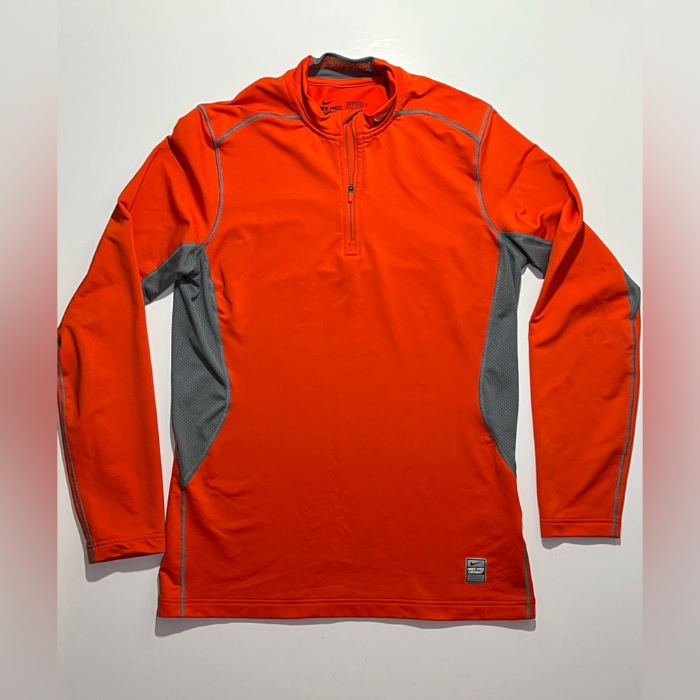 Nike Pro Combat HyperWarm Dri-Fit Max 1/4 Zip Pullover, Fitted, Medium, Orange